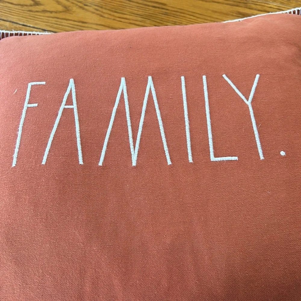 Rae Dunn FAMILY. embroidered 20” square burnt orange pillow with feather pillow